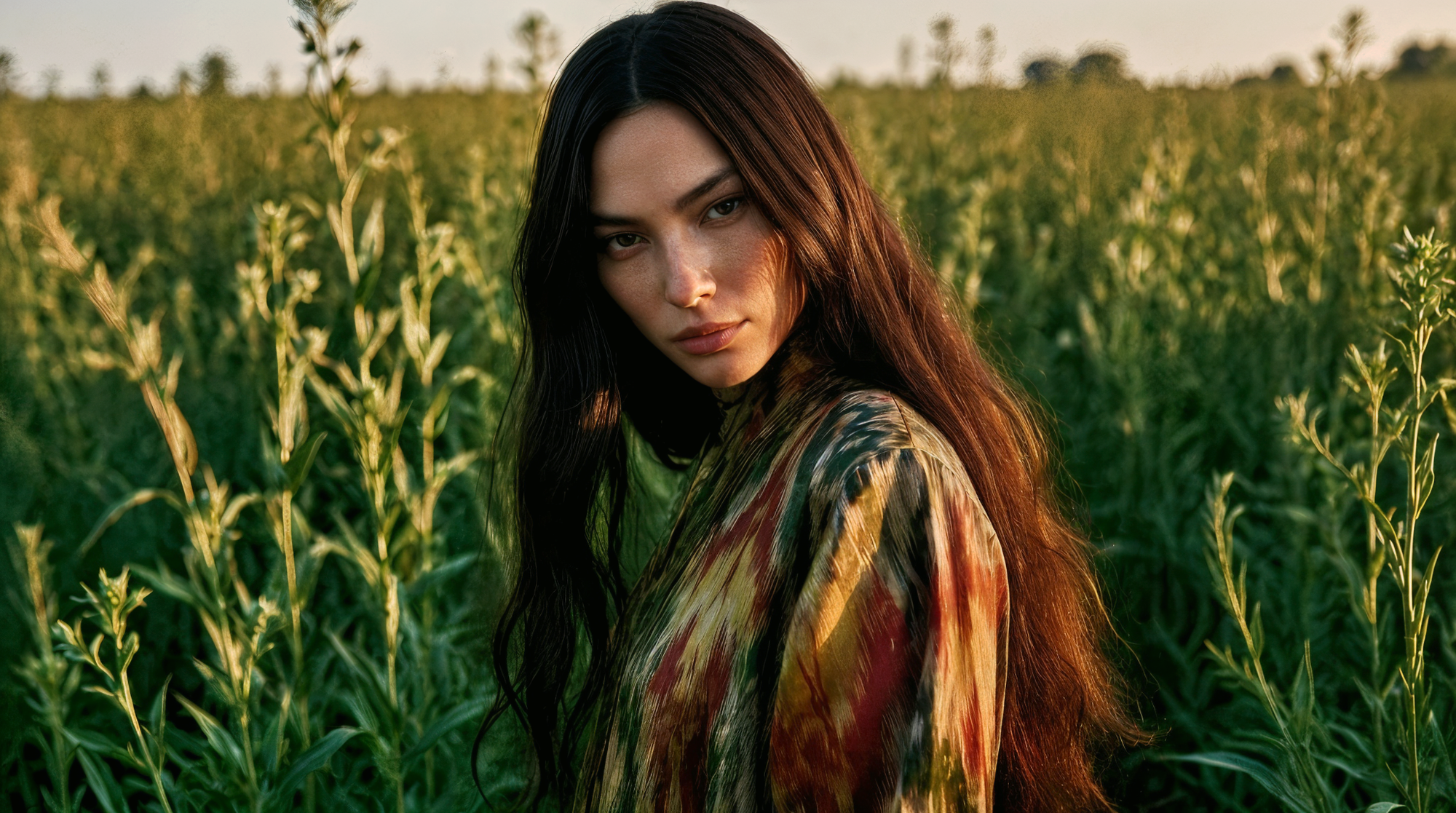 Femme aux longs cheveux dans un champ d'Usma, inspirant le rituel naturel Usmaé pour les sourcils et les cheveux.