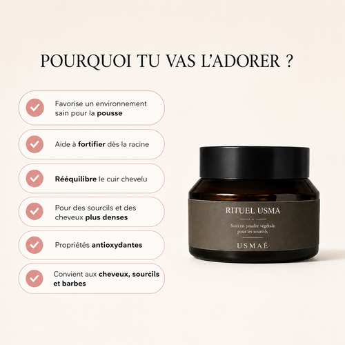 Poudre d'Usma Usmaé et ses principaux bienfaits pour les sourcils et les cheveux.